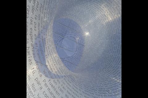 The comments of survivors and rescuers from the 2004 attack are printed on the curvaceous ETFE lining 